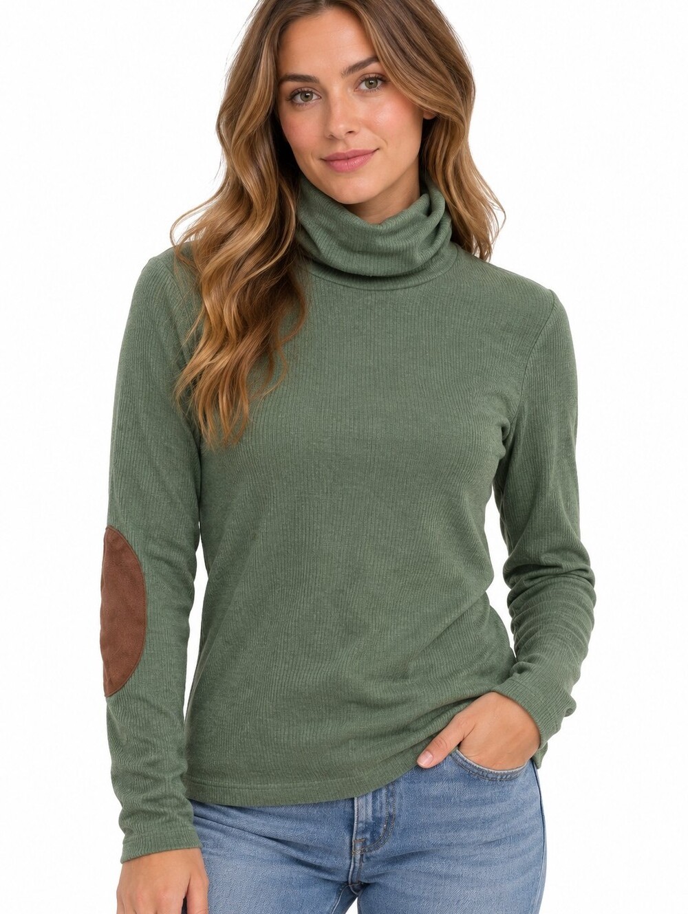 Lauren Ralph Lauren Green Ribbed Turtleneck Top Brown Elbow Patches Size L